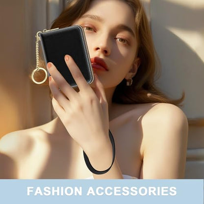 Aiawoxc Credit Card Holder, Small RFID Wallet Slim Leather Card Organizer Case with Zipper and Wristlet Strap, Black - color: A-Black, size: Wrist Strap
