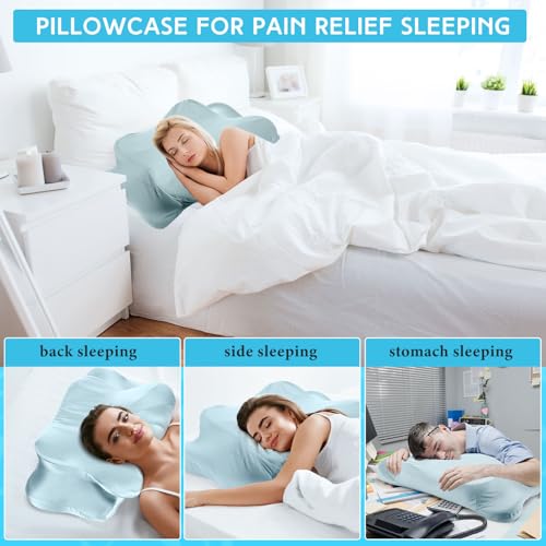 Hahafelt Cooling Cervical Neck Pillowcase Cover (Only Pillow Case) Ergonomic Pillowcase with Zipper Breathable Contour Pillow Cover for Side Back Stomach Sleepers(Haze Blue,Standard Size) - color: Haze Blue, size: Standard Size