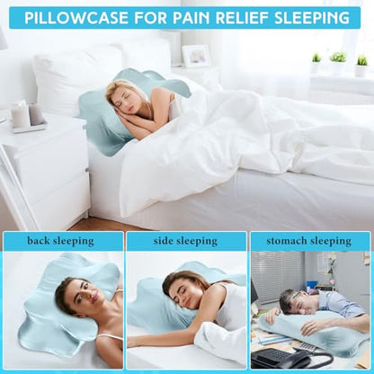 Hahafelt Cooling Cervical Neck Pillowcase Cover (Only Pillow Case) Ergonomic Pillowcase with Zipper Breathable Contour Pillow Cover for Side Back Stomach Sleepers (Haze Blue,Queen Size) - color: Haze Blue, size: Queen
