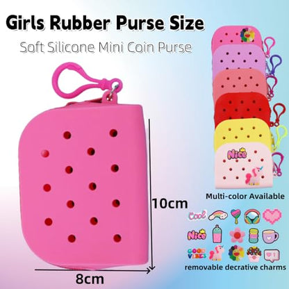 Soft Silicone Mini Coin Purse with Zipper and Cartoon Hole,with 15 pcs DIY Charms. Portable Keychain Pouch Organizer (Rose Pink) - color: Rose Pink