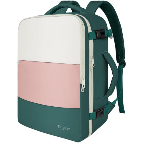 Taygeer Laptop Backpack, Airline Approved Carry On with 17.3 inch Laptop Compartment, TSA Friendly Backpack for Nursing Doctor Business Travel, Travel Daypack for Work Essentials, Beige Peacock Pink - color: Cream Pink Green, size: X-Large