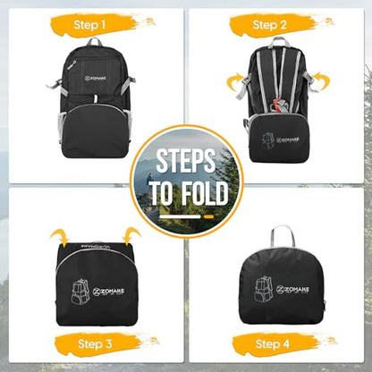ZOMAKE Lightweight Packable Backpack 35L, Light Foldable Backpacks Water Resistant Collapsible Hiking Bag, Compact Folding Day Pack for Travel Camping(Black) - color: Black