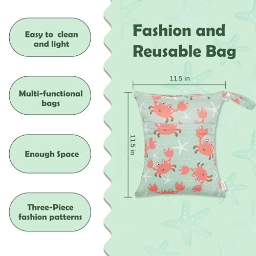 ALVA ALVABABY 3pcs Cloth Diaper Wet Dry Bags Waterproof Reusable with Two Zippered Pockets Travel Beach Pool Daycare Soiled Baby Items Yoga Gym Bag for Swimsuits or Wet Clothes 3L-ZM15A - color: Whale crab turtle