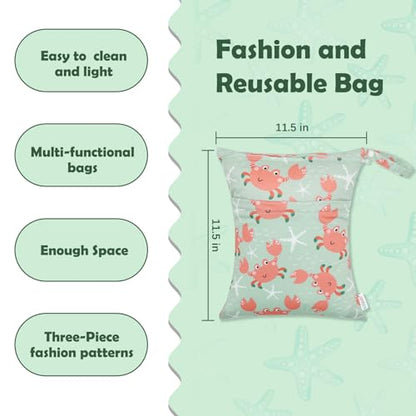 ALVA ALVABABY 3pcs Cloth Diaper Wet Dry Bags Waterproof Reusable with Two Zippered Pockets Travel Beach Pool Daycare Soiled Baby Items Yoga Gym Bag for Swimsuits or Wet Clothes 3L-ZM15A - color: Whale crab turtle