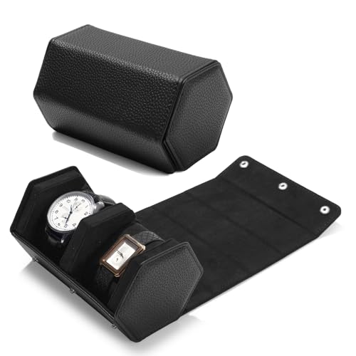 Oirlv Luxury Hexagonal Leather Watch Travel Case Watch Organizer Case for Men Portable Jewelry Storage Roll Organizer(2-Slot,Black) - color: Black, size: 2-Slot