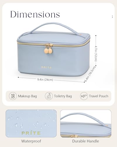 Prite Makeup Bag, Large Capacity Cosmetic Bag for Women and Girls, Waterproof PU Leather Travel Makeup Case, Toiletry Organizer with Handle and Divider for Skincare and Brushes - Blue - color: Blue