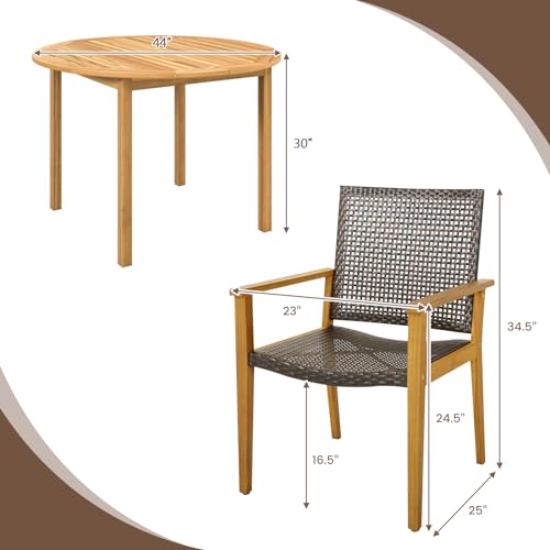 Tangkula 5 Pieces Patio Dining Set, 4 Patio Wicker Armchairs and Round Acacia Wood Dining Table, Outdoor Table and Chairs Set for Backyard, Poolside, Garden