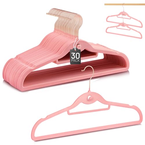 Velvet Stackable Hangers 30 Pack, STOPKLAS Pink Clothes Hangers Non Slip Felt Hangers with 360° Swivel Hook, Thin Hanger Space Saving, Heavy Duty Closet Hanger for Clothes, Coats, Suits, Dress, Pants - color: Pink