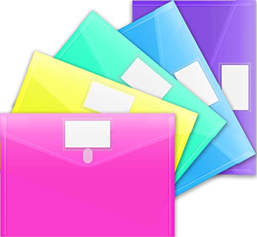 Sooez 5 Pack File Folders, Clear Poly Envelopes Plastic Folders, Folder for Documents Letter A4 Size with Label Pocket, Teacher School Office Supplies Organization Storage, Assorted Color
