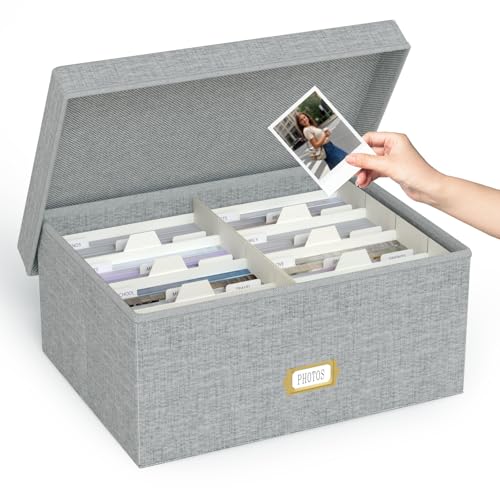 Decorative Photo Storage Box - Linen Photo Box Organizer with Dividers, Fits Holds Up to 1700 Pictures and 5x7 Photos, Memory Keepsake Organizer for Photos, Scrapbook Supplies, Cards, Stamps (Grey) - color: Grey, size: 5x7 (1 Pack)
