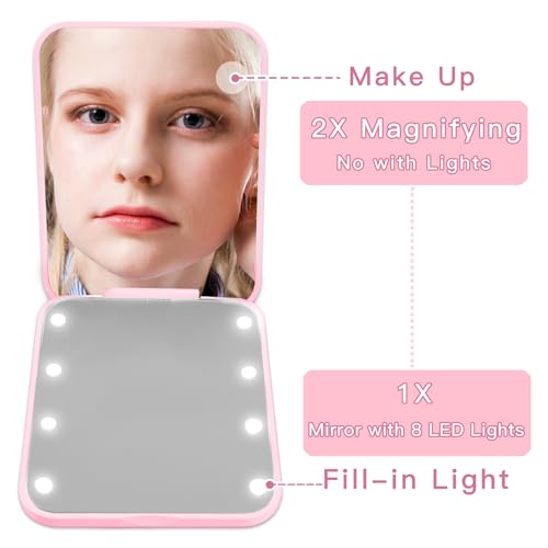 Preppy Birthday Gifts for 12 13 14 15 16 Year Old Girls, Cute Pearl Initial Compact Mirror with Lights Pink Small LED Pocket Makeup Mirror Teen Girls Trendy Stuff Travel Essentials (J) - color: J
