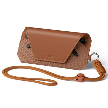VULKIT Portable Leather Eye Glasses Case for Women & Men, Slim Sunglass Case, Unisex Eyeglass Case - color: Brown With Lanyard