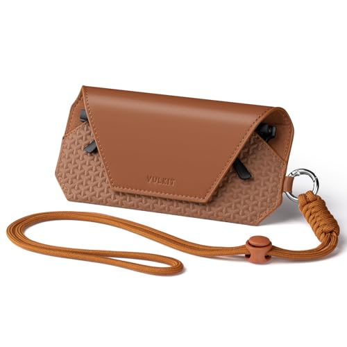 VULKIT Portable Leather Eye Glasses Case for Women & Men, Slim Sunglass Case, Unisex Eyeglass Case - color: Brown With Lanyard