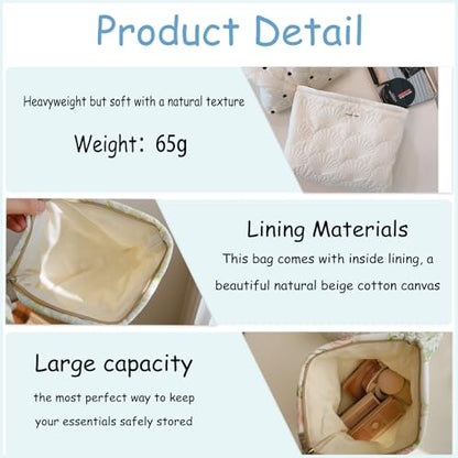 uekeboag White Quilted Cotton Makeup Pouch,Coquette Quilted Toiletry Bag for Women and Girls, Floral Coquette Organizer Bag, Aesthetic Travel Cosmetic Bags(03White Shells) - color: 03White Shells