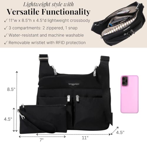 Baggallini Crossbody Travel Bag 11x8.5 Lightweight Water-resistant Nylon Handbag - color: Black With Sand Lining