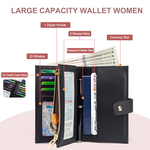 yiijay Wallet Women RFID Blocking Leather Trifold Clutch Wallet Credit Card Holder Ladies Travel Wallet Purse with Pen Holder - color: 1Black