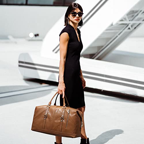 S-ZONE Genuine Leather Women Travel Duffle Weekender Overnight Weekend Carry on Shoulder Tote Bag - color: C-Genuine Leather Brown