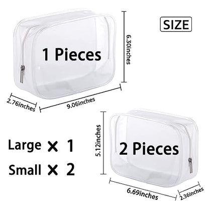 3 Pack Clear Plastic Zippered Toiletry Carry Pouch TSA Approved Toiletry Bag Portable Cosmetic Makeup Bag for Vacation, Bathroom and Organizing (White 3Pcs, Small/Large) | TSA Approved, Portable Cosmetic Makeup Bag, For Vacation, Bathroom and Organizing -