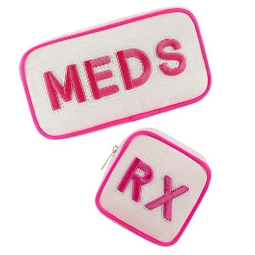 RSRSLEII 2Pcs Small Canvas Rx MEDS Medicine Packages, Cute Chenille Letter Patch Drug Makeup Bag with Metal Zipper, Mini Travel First Aid Purse Organizer Machine Washable (06 2pcs Hot Pink) - color: 06 2pcs Hot Pink