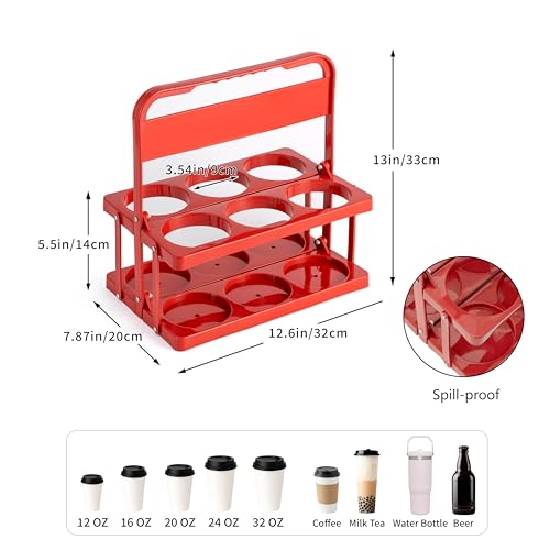 Reusable 6 Cup Drink Carrier with Handle and Insulated Food Delivery Bag, Portable Plastic Cup Caddy, 26L Grocery Cooler Box for Car Delivery, Travel, Picnic - color: Red
