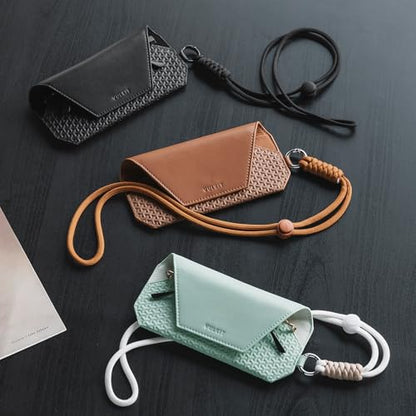 VULKIT Portable Leather Eye Glasses Case for Women & Men, Slim Sunglass Case, Unisex Eyeglass Case - color: Mint Green With Lanyard