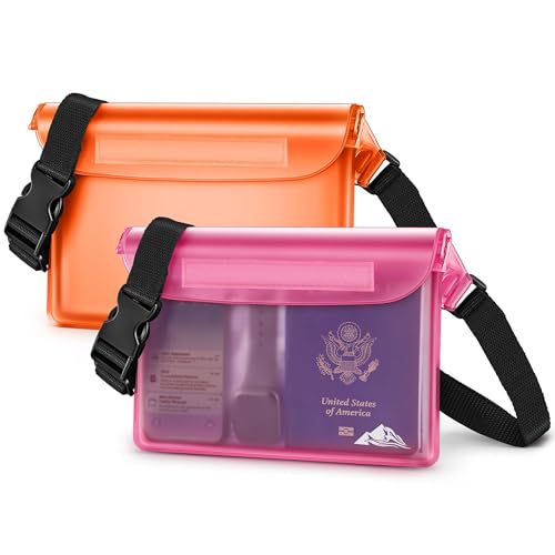 HEETA Waterproof Fanny Pack, Waterproof Pouch Dry Bag 2-Pack for Phone Passport Purse, Adjustable Waist Strap for Swimming Kayaking Boating Paddle Board Accessories Cruise Beach Camping Essentials - color: Pink & Orange
