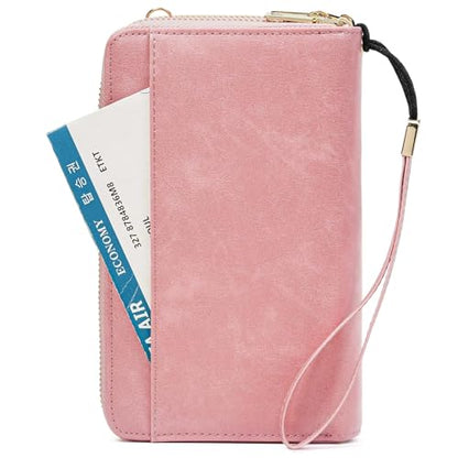 GOIACII Passport Wallet Travel Crossbody Bags for Women Wristlet Phone Purse Double Zip Vegan Leather Pink - color: A04 Pink