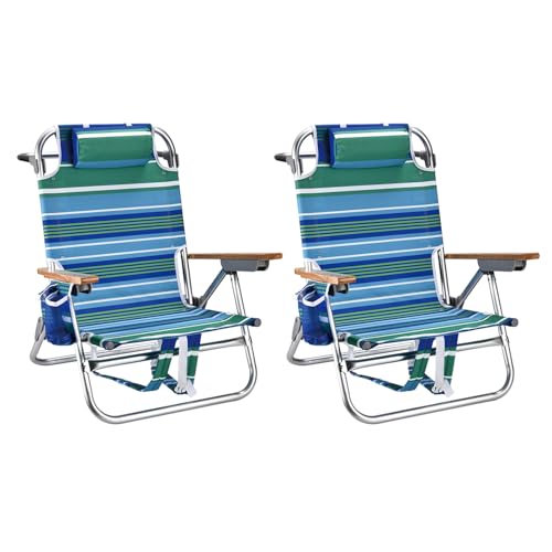 2 Pack Backpack Beach Chairs for Adults Capacity 300 LBS Low 5 Position Beach Chair with Pouch Straps Folding Lightweight Reclining Aluminum Wide Lay Flat Single - color: 10in Wood Green Stripe 2 Pack