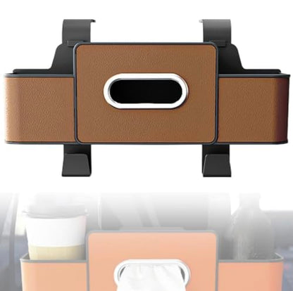 3-in-1 Multifunctional Car Backseat Organizer with Cup Holder, Tissue Box, Trash Bin & Hooks for Hold Phones, Snacks, Drinks, Handbags (Brown)