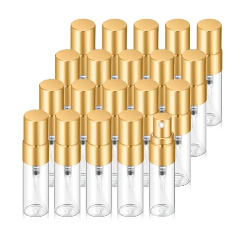 20Pcs 3ml Empty Clear Glass Mist Spray Bottle Refillable Mini Perfume Atomizer Travel Sample Bottle with Golden Aluminized Nozzle Makeup Container for Perfume (3ml Gold Caps) - color: 3ml Gold Caps