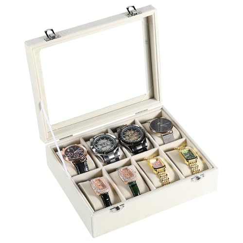 Frebeauty 8-Slot Watch Box,Velvet Watch Case with Glass Lid,Watch Organizer Box for Men and Women,Lockable Watch Storage,Watch Display Case,Ideal Gift(Beige) - color: Beige, size: 8 Slots