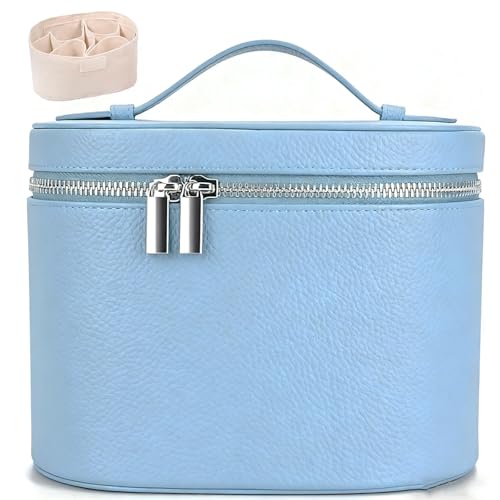 Leather Make Up Bags With Compartments, Brown travel Cosmetic Bags for Women, Parallel Makeup Travel Bags Organizer Equipped With a Detachable Divider (blue) - color: Blue