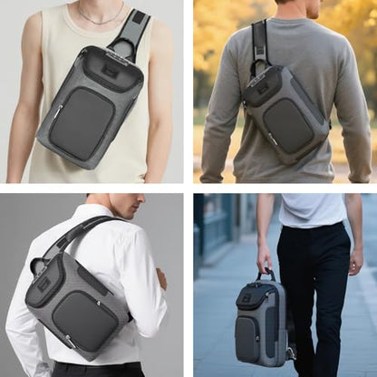 reeyee Anti-Theft Sling Bag with Lock, Waterproof Crossbody Backpack Fits 11 inch Tablet, Men's Shoulder Chest Bag - color: Gray