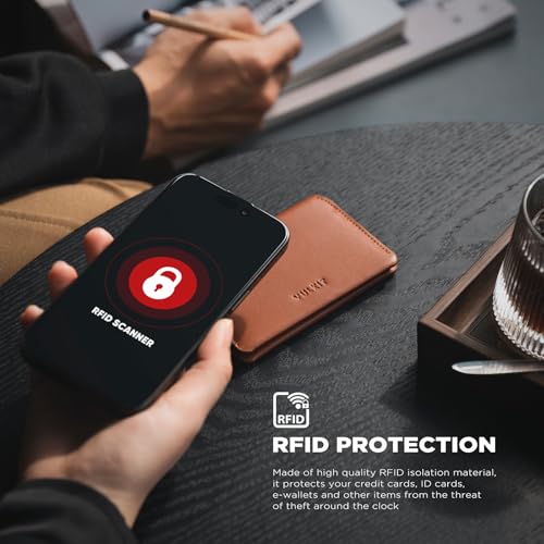 VULKIT Slim Minimalist Card Holder RFID Blocking Leather Credit Card Holder Front Pocket Wallet Magnetic Closure - color: Brown