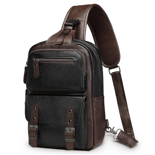 Vintage PU Leather Sling Backpack, Crossbody Shoulder Bag with Adjustable Strap, Multi-Pocket Compact Travel Chest Bag for Daily Use, Black - color: Brown Black