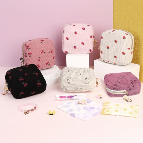 Cute Period Bag for Teen Girls, Corduroy Sanitary Napkin Storage Bag, Menstrual Pad Pouch Tampon Holder for Purse (Pink-Strawberry) - color: Strawberry-pink