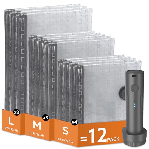 Travel Vacuum Bags with Wireless Charging Air Pump, 12 Pack Vacuum Seal Bags with 3 Sizes for Clothing Travel, Space Saver for Luggage, Business Trip, Home Storage, - size: 12 Combo Pack