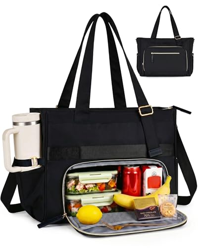 HOMESPON Lunch Bag, 24.5L Large Tote Bag for Women, Laptop Bag Fits 15.6" with Insulated Lunch Compartment & Shoulder Strap, Work Tote for Nurse, Teacher, Office, Commute, Travel, Black - color: Black