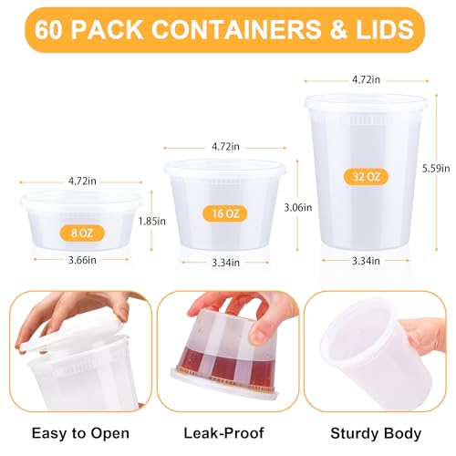 BYSNOW 60 Sets Deli Containers with Lids, 32/16/8 oz X 20 Set Each, Leak-Proof & BPA Free Airtight Stackable Takeout Plastic Food Storage Containers, Freezer/Microwave/Dishwasher Safe