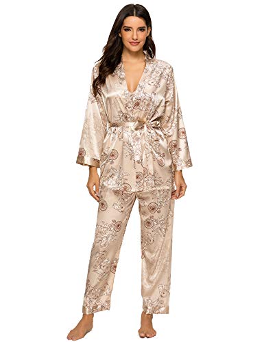 Escalier Women's Silk Satin Pajamas Set 3 Pcs Floral Silky Pj Sets Sleepwear Cami Nightwear with Robe and Pant - color: Camel, size: Medium