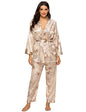 Escalier Women's Silk Satin Pajamas Set 3 Pcs Floral Silky Pj Sets Sleepwear Cami Nightwear with Robe and Pant - color: Camel, size: Medium