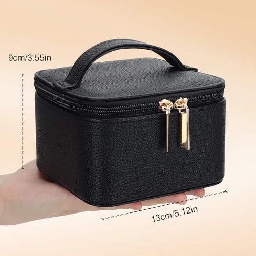 DesignSter Small Jewelry Box, Travel Small Jewelry Organizer with Earring Tray and Ring Holder, Square Travel Jewelry Storage Case with 6 Velvet Jewelry Pouches, Black - color: Black