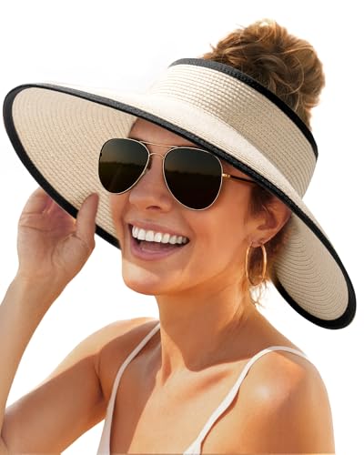 FURTALK Sun Hats for Women Wide Brim Beach Hat Straw Visor Ponytail Summer UV Packable Foldable Beach Vacation Essentials - color: Beige With Black