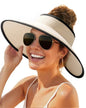 FURTALK Sun Hats for Women Wide Brim Beach Hat Straw Visor Ponytail Summer UV Packable Foldable Beach Vacation Essentials - color: Beige With Black