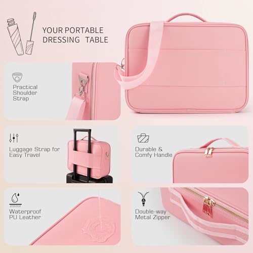 15''X11'' Large Capacity Makeup Bag with LED Mirror, Professional Makeup Case Organizer with 3 Color Light Adjustable Brightness, Travel Make up Cosmetic Case with Detachable Dividers & Shoulder Strap - color: Pink, style: Integrated