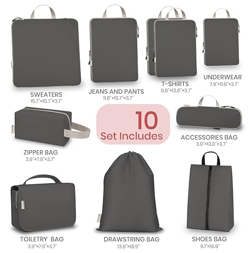 10 Set Compression Packing Cubes for Travel, Expandable Packing Organizer with Hanging Toiletry Bag, Shoe Bag & Accessories Bag, Ultralight Storage Travel Bags for Carry-on Luggage, Grey - color: Grey, size: Set of 10