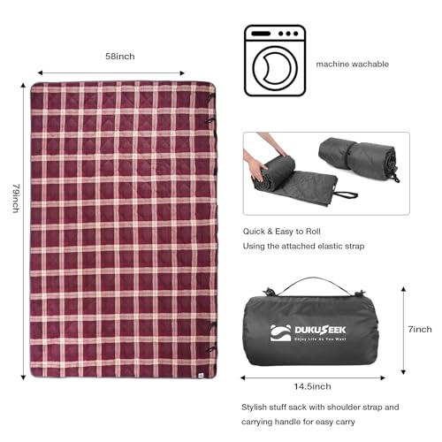 DUKUSEEK Large Camping Blanket - Waterproof, Quilted, Extra Thick Fleece, Warm, Windproof, Wearable, Includes Foldable Hood and Stuff Sack for Car, Outdoor Sports, Picnics, Stadiums, Dogs - color: Black Outer With Red Plaid Fleece