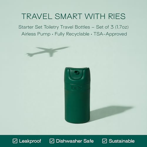 RIES Airless Pump Travel Bottles | Tsa Approved Leak Proof Refillable Set of 3 | 1.7 oz BPA Free Travel Size Toiletry Containers | Shampoo Conditioner | Escapade Green - color: Escapade Green