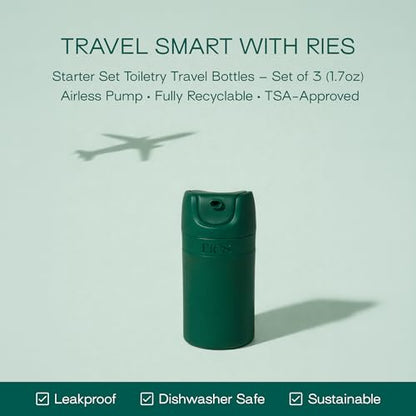RIES Airless Pump Travel Bottles | Tsa Approved Leak Proof Refillable Set of 3 | 1.7 oz BPA Free Travel Size Toiletry Containers | Shampoo Conditioner | Escapade Green - color: Escapade Green