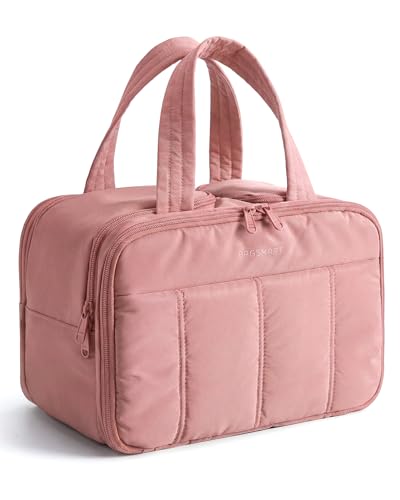 BAGSMART Travel Toiletry Bag, Puffy Large Toiletry Bag for Women, Lightweight Cosmetic Makeup Bag Organizer with Handle for Traveling, Accessories, Essentials, Toiletries （Dark Pink - color: A-Dark Pink
